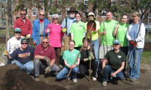 Some of our dedicated volunteers who turned out to help mulch around the Manhan Rail Trail mural on downtown clean-up day May 2, 2015.